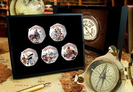 Five British Isles Silver Colour 50p coins issued to celebrate the 150th Anniversary of Jules Verne’s epic adventure story; Around the World in 80 Days