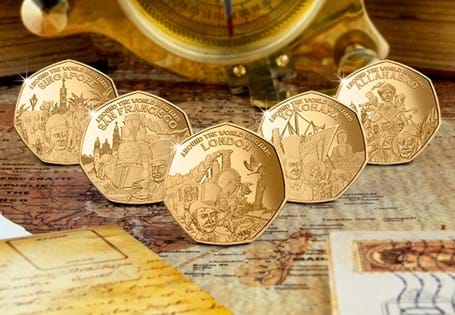 Five British Isles Gold Proof 50p coins issued to celebrate the 150th Anniversary of Jules Verne’s epic adventure story; Around the World in 80 Days