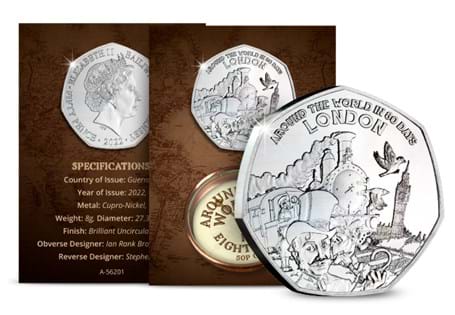 A Brilliant Uncirculated 50p issued to celebrate Jules Verne's Around the World in 80 Days.