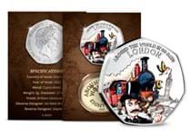 A British Isles Brilliant Uncirculated Colour 50p coin issued to celebrate the 150th Anniversary of Jules Verne’s epic adventure story; Around the World in 80 Days.