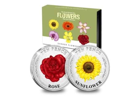 This stunning Jersey 2022 Garden Flowers 10p Pair features illustrations of the Rose and Sunflower by Lizzie Harper. The coins are limited to just 19,995 worldwide and struck to a BU finish.