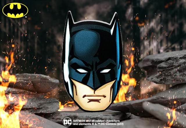 The Face of Batman 1oz Silver Coin reverse on fiery rocks
