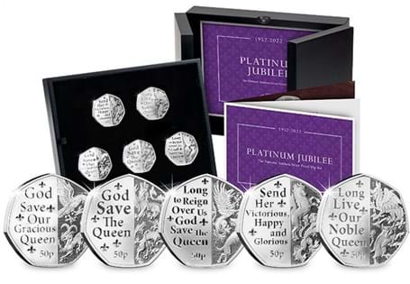 Set of five 50p coins issued by the Isle of Man to mark Her Majesty's Platinum Jubilee. struck from .925 Sterling Silver to a Reverse Proof finish — comes complete with Certificate of Authenticity.