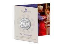 This coin is the first of a series that celebrates Her Majesty The Queen's dedication throughout her extraordinary 70-year reign. Honours and Investitures BU £5 coin features The Queen's signature.