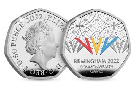 This Silver Proof 50p has been issued by The Royal Mint to celebrate 20 years since the first Commonwealth Games was held. It features the geometric patterns of Birmingham Library.