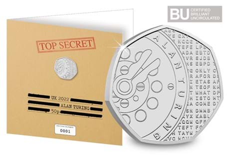 This exclusive Change Checker Display Card featuring themed artwork houses the UK 2022 Alan Turing 50p which has been protectively encapsulated in Change Checker CERTIFIED BU Packaging.