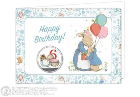 Birthday card featuring one numbered commemorative and features coloured image of an iconic Beatrix Potter character.