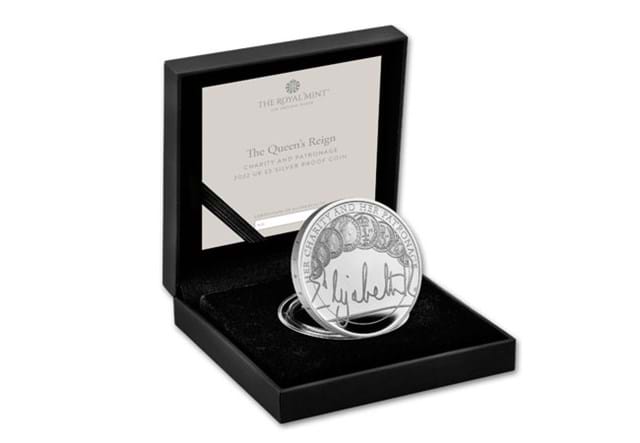 Queen's Reign Charity And Patronage Silver Proof £5 In Display Box