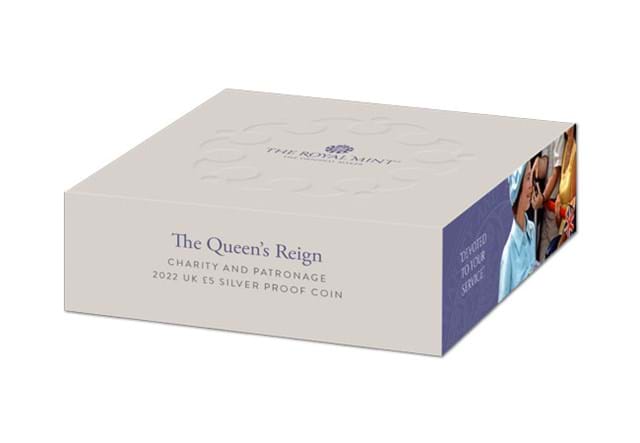 Queen's Reign Charity And Patronage Silver Proof £5 Packaging