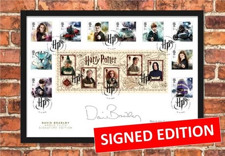 Presentation Frame featuring Royal Mail's 2018 Harry Potter 10v stamps. Signed by actor David Bradley who played Argus Filch and has been postmarked on the first day of issue: 16.10.18. EL: 500.