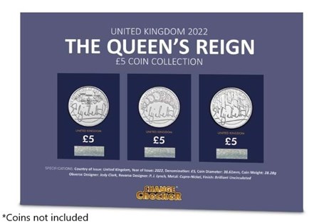 This is a bespoke display page to house the Queen's Reign £5 set.