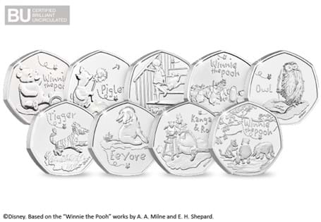 This Collection includes all nine United Kingdom Winnie the Pooh 50ps issued. Each coin has been struck to a Brilliant Uncirculated quality and comes protectively encapsulated.