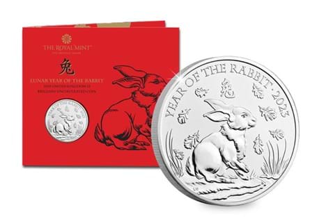 This BU pack contains the official Lunar Year of the Rabbit £5 coin issued by The Royal Mint. It is struck to a Brilliant Uncirculated quality.