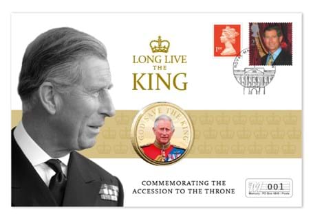The Long Live the King Commemorative Cover marks King Charles III's accession to the throne. Features two official Royal Mail stamps and postmarked.