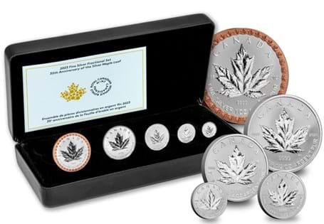 The 2023 Canada Silver Maple Leaf Fractional Set contains a silver 1oz, 1/2oz, 1/4oz, 1/10oz and 1/20oz coin. Each is struck to 99.99% silver. This set marks the 35th anniversary of the maple leaf.