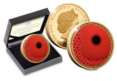 Issued to mark the anniversary of remembrance, the design features the iconic RBL poppy with smaller poppies. Struck from cupro-Nickel with 24ct Gold Plate and selective Red ink to a proof finish.