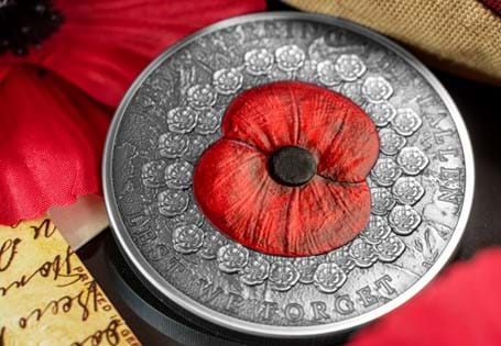 Issued to commemorate this years Remembrance Day. This £10 coin has been struck from .999 Silver to an antique finish with high relief. The design features a hand painted poppy in the centre. EL 350
