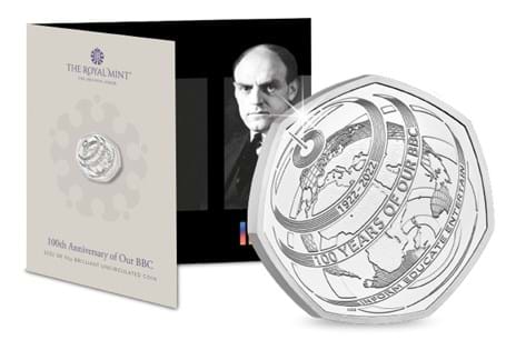 Brand-new 50p BU coin from The Royal Mint to celebrate the 100th Anniversary of the world's leading broadcaster: the BBC. Designed by Henry Gray.