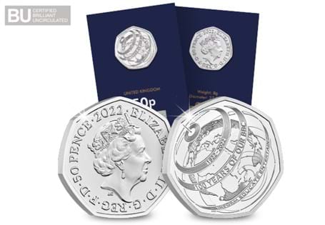 This UK 2022 50p coin has been struck to commemorate 100 years of the BBC. It has been protectively encapsulated and certified as Brilliant Uncirculated quality.