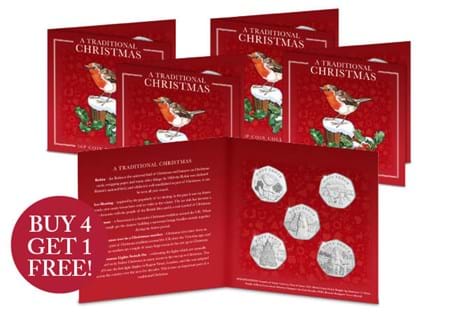 Issued for Christmas 2022, own all five brand new Traditional Christmas 50ps, struck to a Brilliant Uncirculated finish and authorised for release by Guernsey. BUY 4 GET 1 FREE!