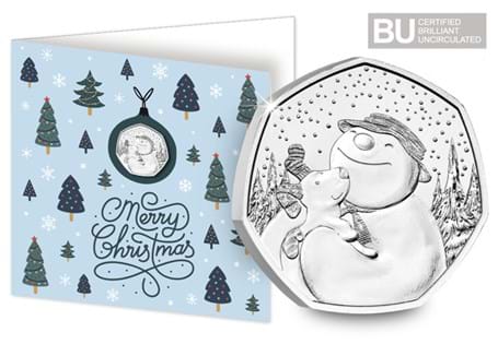 This 2022 The Snowman and the Snowdog CBU features The Snowdog This 50p is certified as Brilliant Uncirculated quality and is displayed in a custom Change Checker Christmas card.