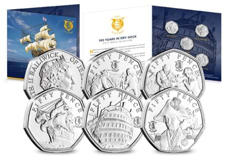 This BU set of five 50ps has been issued by Jersey to mark 100 years of the HMS Victory being in dry docks. There are 5 individual designs, including Nelson and the HMS Victory. EL: 2,022
