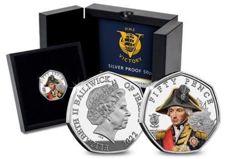 This 50p has been issued by Jersey to mark 100 years of the HMS Victory being in dry docks. It has been struck from .925 Silver with selective colour ink to a proof finish. EL: 495