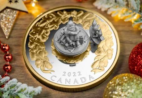 Interactive $50 coin from the Royal Canadian Mint! Features a 3D sculpture of Santa Claus, cast in Sterling Silver and surrounded by a gold-plated garland. 