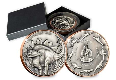 This coin features brand new bi-metal technology, a copper core with 2 silver toppings. Featuring ultra-high relief the design features a Stagosaurus dinosaur on the reverse. Limited to just 1,999pcs.
