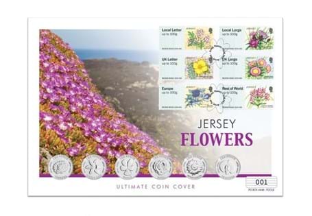 Own six British Isles 10p coins of loved Garden Flowers - the Rose, Sunflower, Gerbera, Jersey Lily, Pansy and Sweetpea. This ultimate coin cover also features six Jersey Coastal Flowers Stamps.