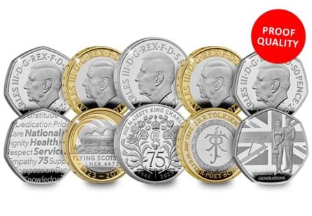 This 2023 Annual Coin Set was issued by the Royal Mint and consists of five commemorative coins issued for 2023. This is the first annual coin set to feature King Charles III on the obverse.