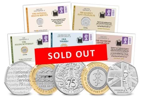 This 2023 UK Commemorative Coin Cover collection includes 5 BU coins.