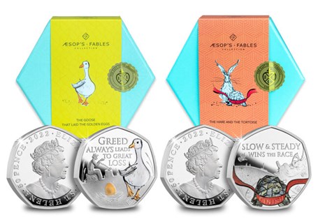 This Silver pair combines the East India Company's 2022 Hare and the Tortoise Silver Proof 50p and the East India Company's Goose and the Golden Egg Silver Proof 50p.