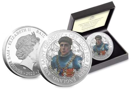 This £5 coin has been issued by Jersey to mark the 600th Anniversary of the death of King Henry V. The design features an image of Henry V with selective colour ink. EL: 2022