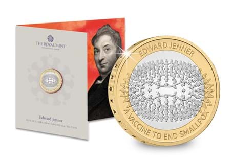 This UK £2 coin from The Royal Mint celebrates the life and work of Edward Jenner, commemorating his legacy in the world of immunology. Your £2 coin is struck in Brilliant Uncirculated quality.