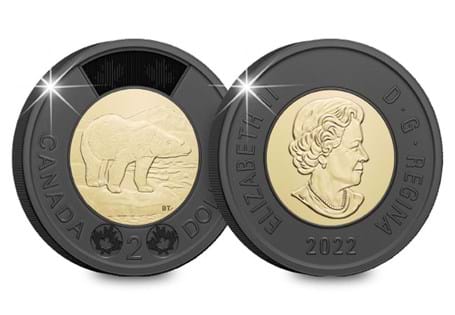 This Canadian $2 coin has been issued as a tribute to Queen Elizabeth II. It has been struck with a black outer ring and the effigy on the obverse, as a symbol of mourning.