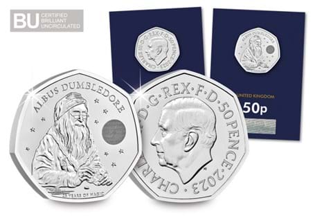 This 2023 UK Albus Dumbledore 50p coin has been struck to commemorate 25 years since the publication of the first Harry Potter book. It has been protectively encapsulated and certified as BU quality.