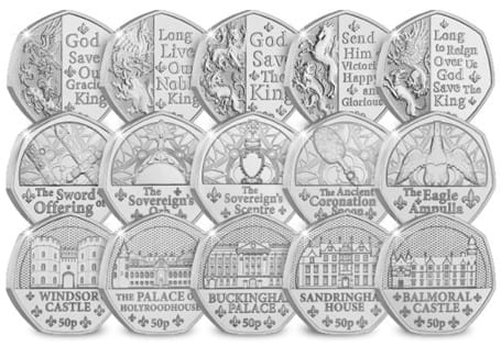 This set brings together fifteen 50p coins issued to mark the Coronation of King Charles III.