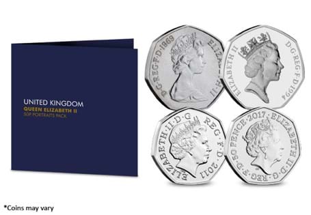 This coin set includes 4 50p coins featuring 4 different effigies of Queen Elizabeth II. This includes portraits designed by Machin, Maklouf, Rank-Broadley and Clark.