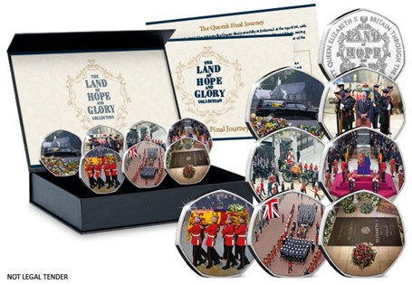 A collection of 7 specially commissioned colour commemoratives document Queen Elizabeth II's final journey from Balmoral Castle to her final resting place.