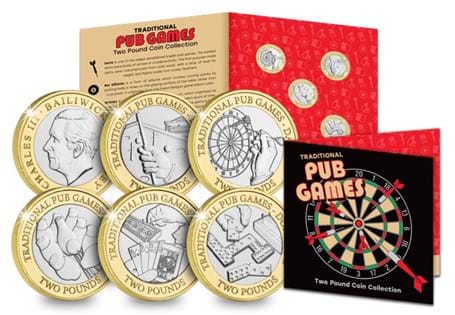 Brilliant Uncirculated £2 coin set featuring five of the nation's most beloved pub games – Darts, Billiards, Skittles, Dominoes and Cribbage.