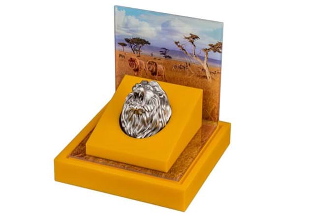 Lion Head 3Oz Silver Coin In Box Angle
