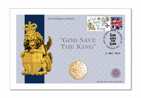 Your postmarked commemorative cover includes a BU God Save The King 50p with selective gold plating and a special commemorative label.
