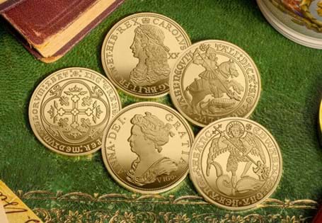 This 5-coin collection includes heritage proof replicas of the Edward III Double Leopard, Edward IV Gold Angel, Henry III Gold Noble, Charles II Gold Unite, and the Queen Anne Gold 5 Guinea