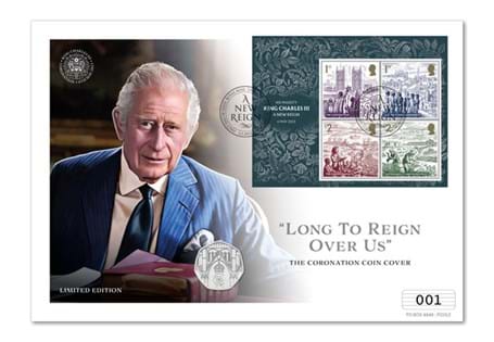 This coin cover houses the Royal Mint's UK 2023 Coronation 50p, struck to Brilliant Uncirculated quality. It also features Royal Mail's Coronation stamps and has been postmarked on 6th May 2023.
