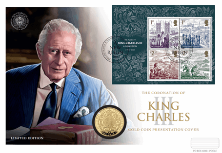 This coin cover houses the Royal Mint's UK 2023 Coronation 1oz Gold -struck with .999 Gold. It also features Royal Mail's Coronation stamps and has been postmarked on 6th May 2023.