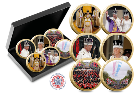 This brand new set features six Gold-Plated Magnae Britanniae commemoratives. The designs are official photographs from the day's celebrations.