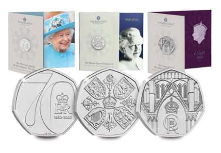 This bundle includes the BU 50p packs issued by The Royal Mint for Queen Elizabeth II's Platinum Jubilee, In Memoriam, and King Charles III's Coronation. 