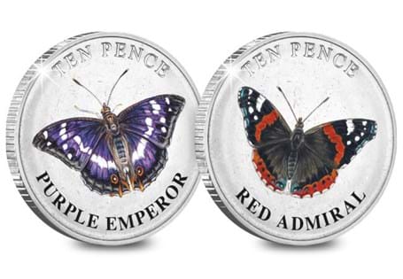 This stunning 2022 Guernsey Butterflies 10p Colour Pair features illustrations of the Red Admiral and Purple Emperor. The coins are limited to just 19,995, struck to a frosted BU quality.