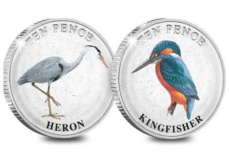 This stunning 2023 Guernsey Wetland Birds 10p Colour Pair features illustrations of the Kingfisher and Heron. The coins are limited to just 19,995, struck to a frosted BU quality.